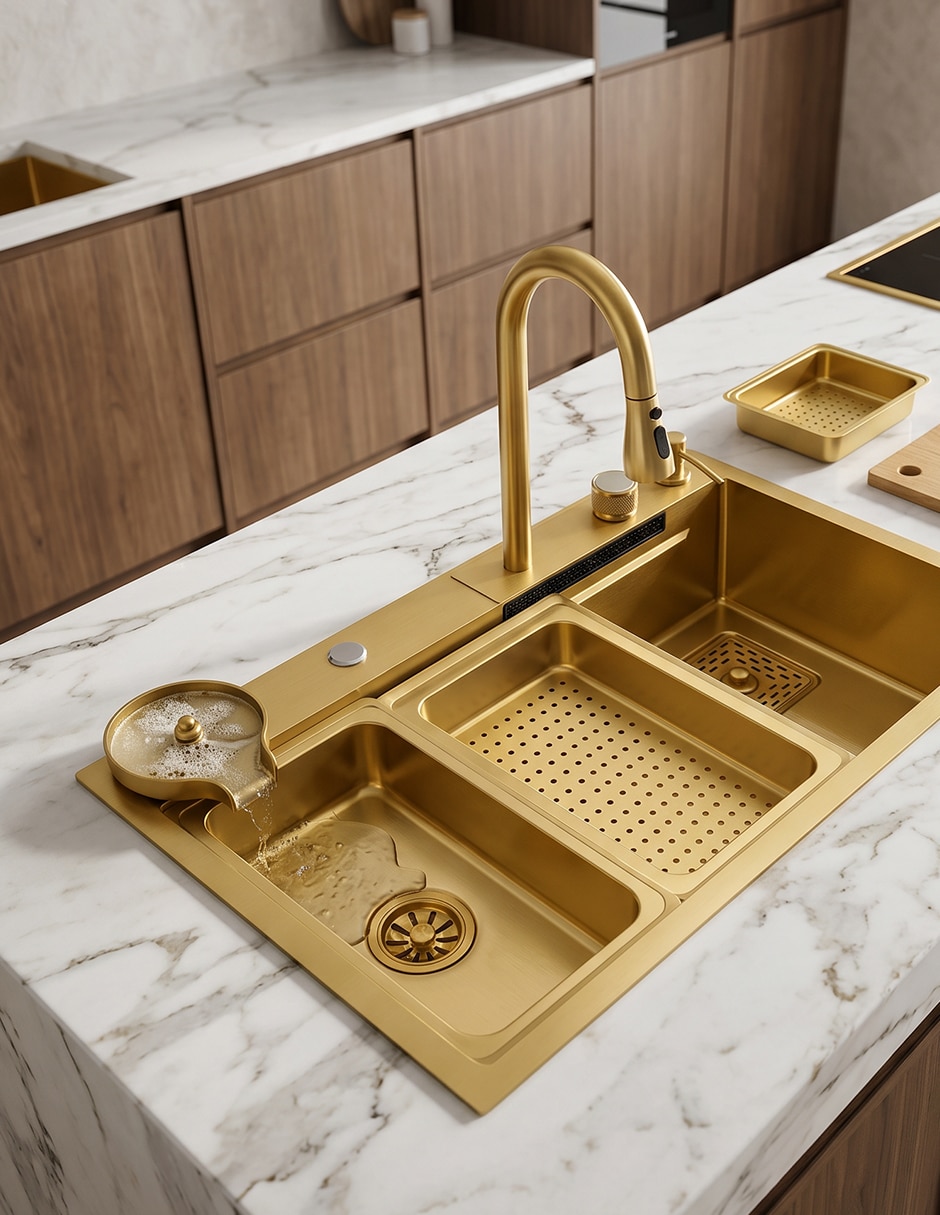 Tarja 1 tina de acero inoxidable Maxims con escurridor Gold