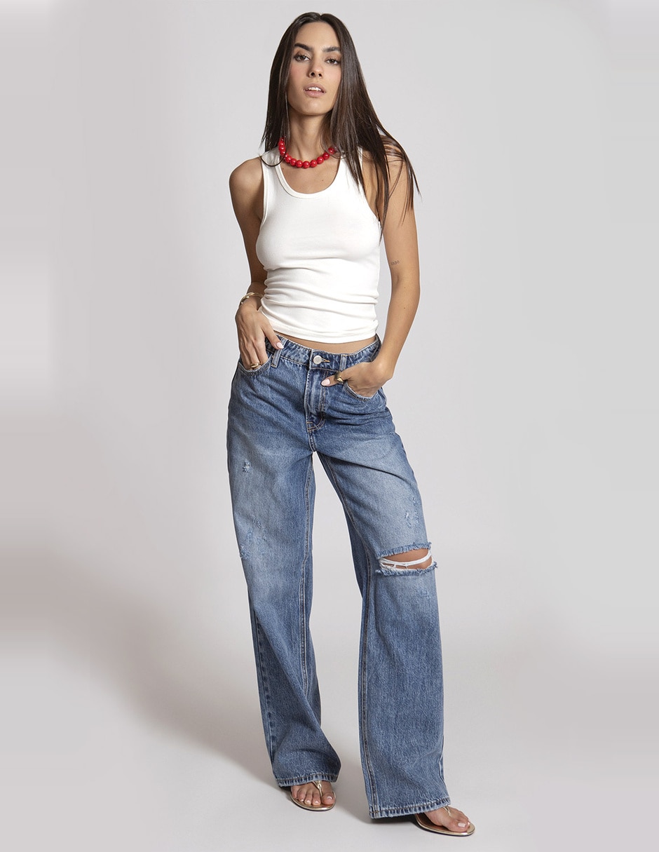 Jeans regular wide leg cintura alta para mujer