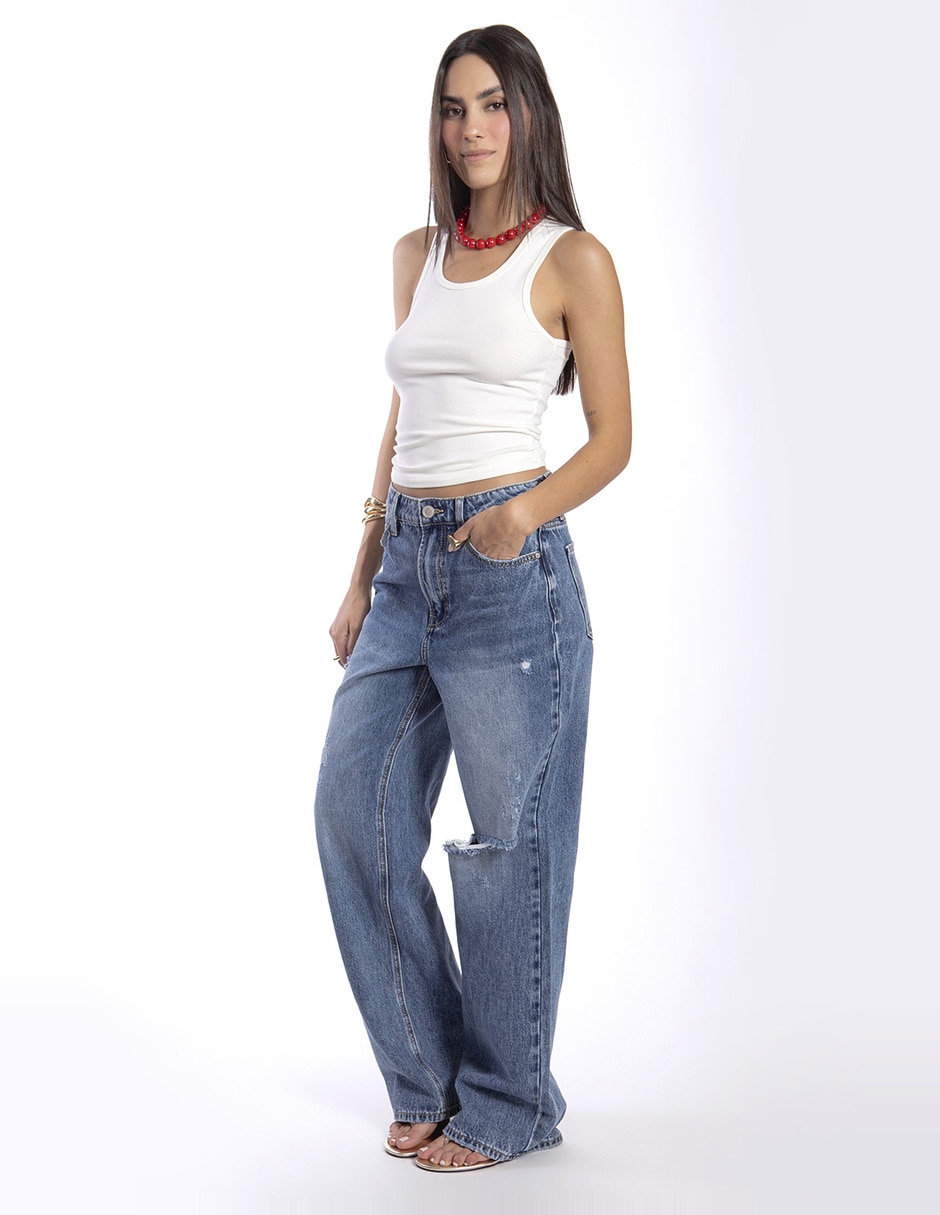 Jeans regular wide leg cintura alta para mujer 2
