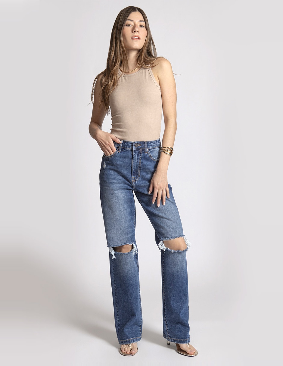 Jeans regular wide leg cintura alta mujer