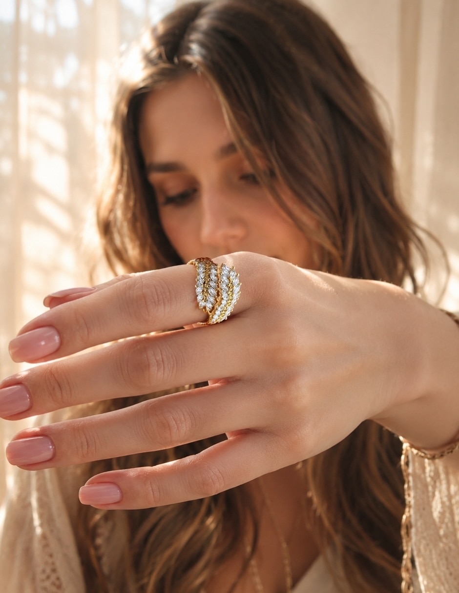 Anillo de hoja yoiko éclat zirconia baño de oro