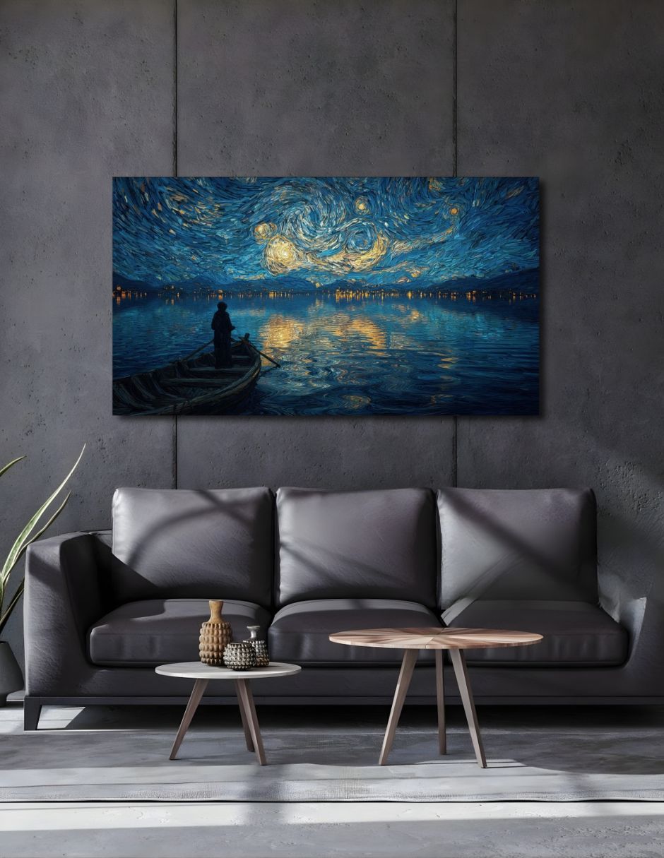 Cuadro decorativo Genérica Impresion en tela lago Bajo la noche estrellada