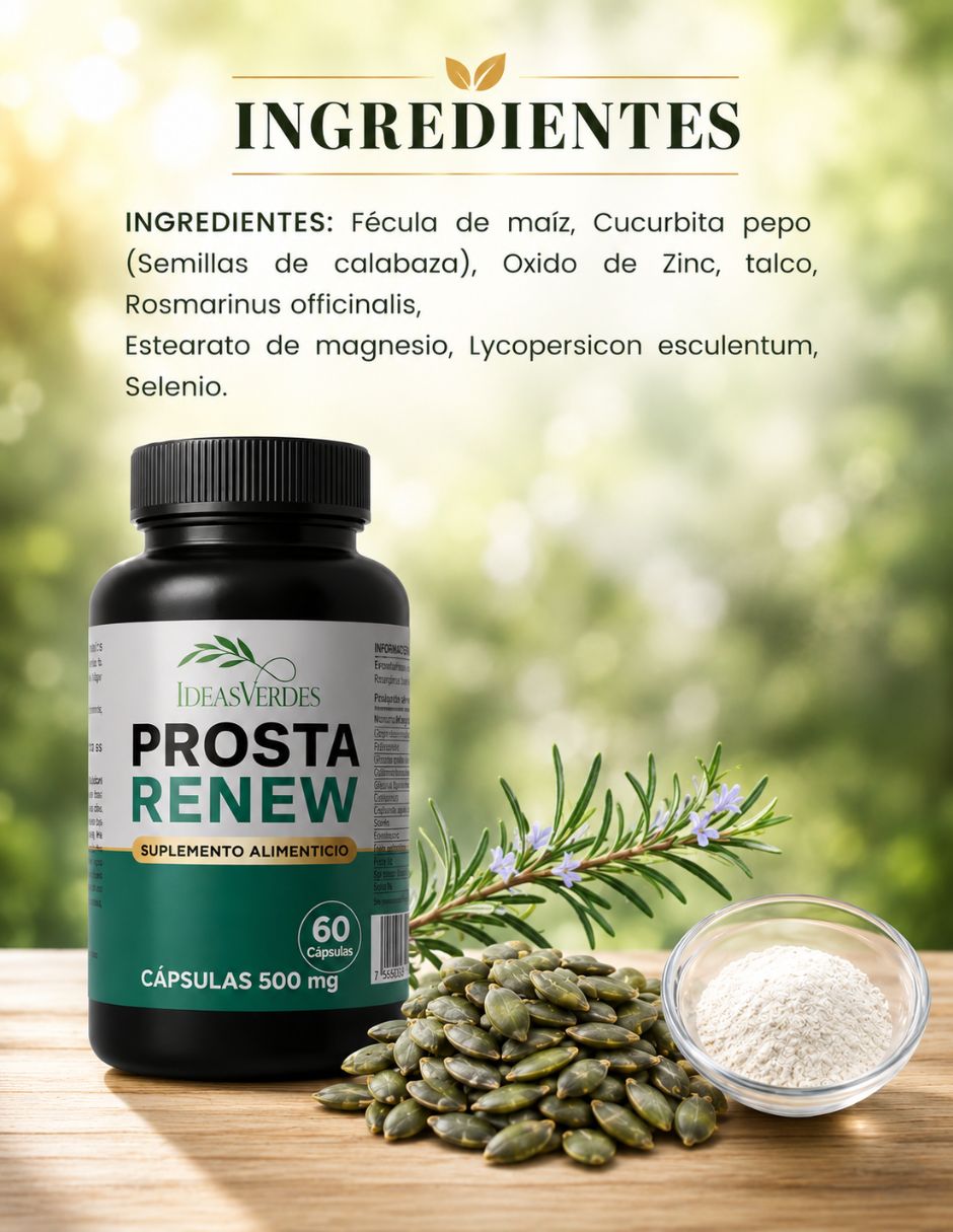 Prosta renew con óxido de magnesio gaba l-triptófano semilla de calabaza celulosa vegetal vitamina c l-teanina 5htp manzanilla vitamina b6 vitamina b3 tila e inositol sabor herbal 5
