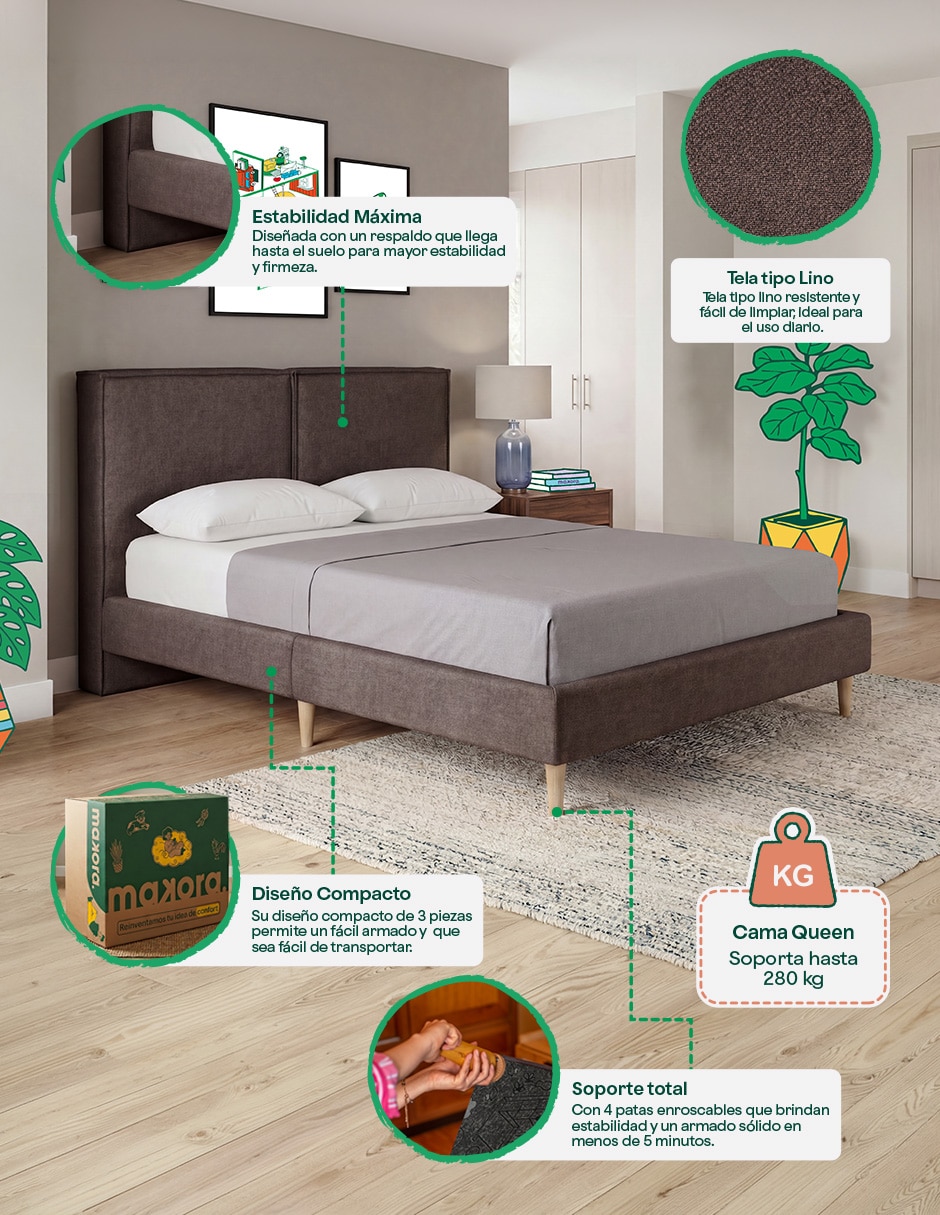 Base para cama armable Queen Luma Tela Lino de madera pino 2
