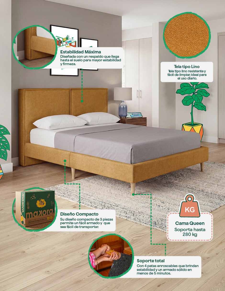Base para cama armable Queen Luma Tela Lino Makora de madera pino