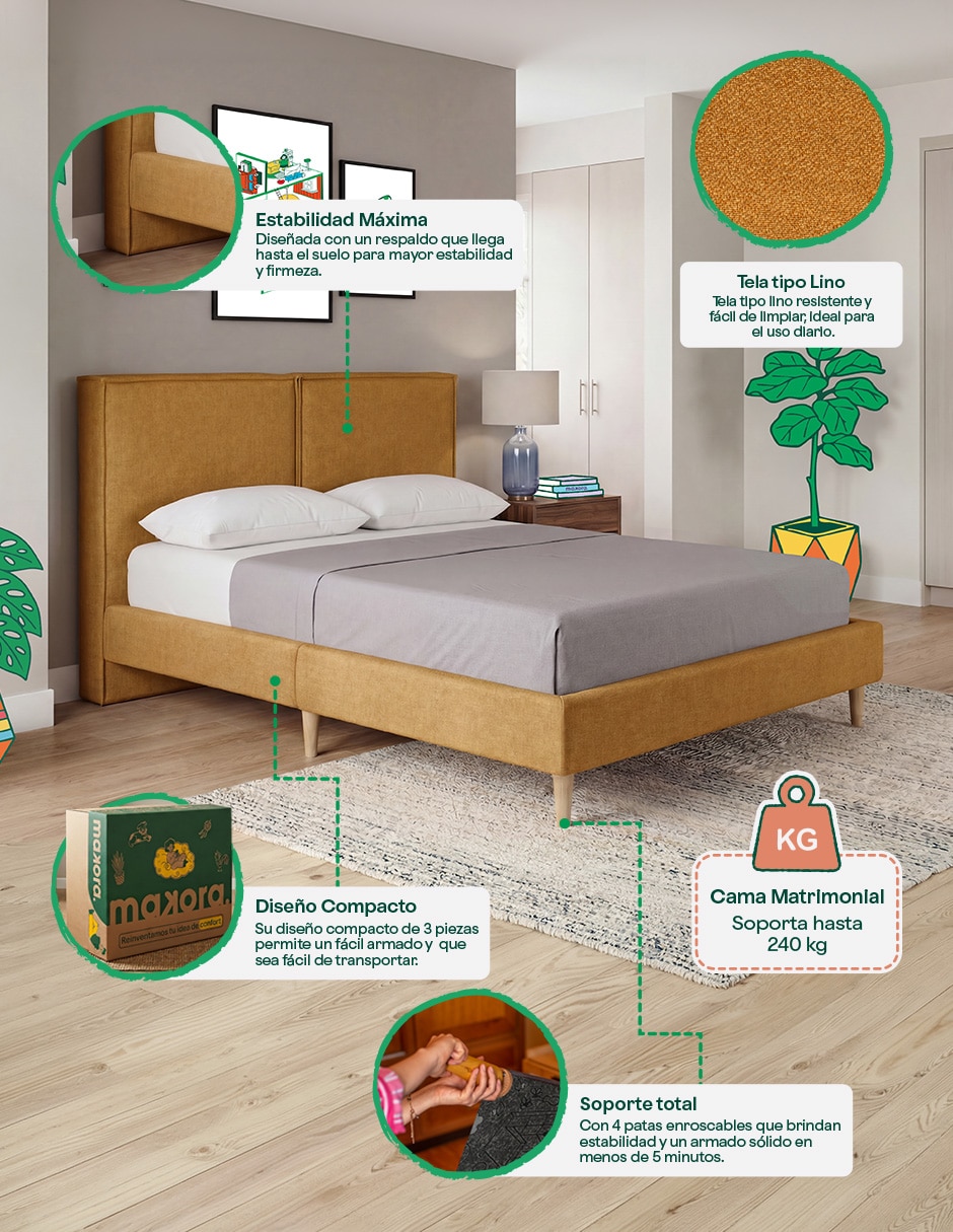 Base para cama armable matrimonial Luma Lino Makora de madera pino