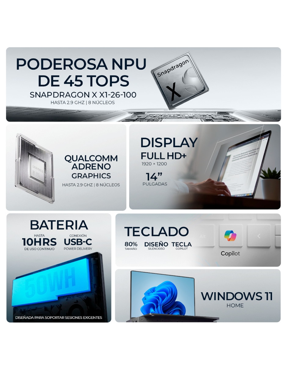 Laptop X1407QA-V14.X116512 14 pulgadas WUXGA Snapdragon X Integradas 16 GB RAM 512 GB SSD 3