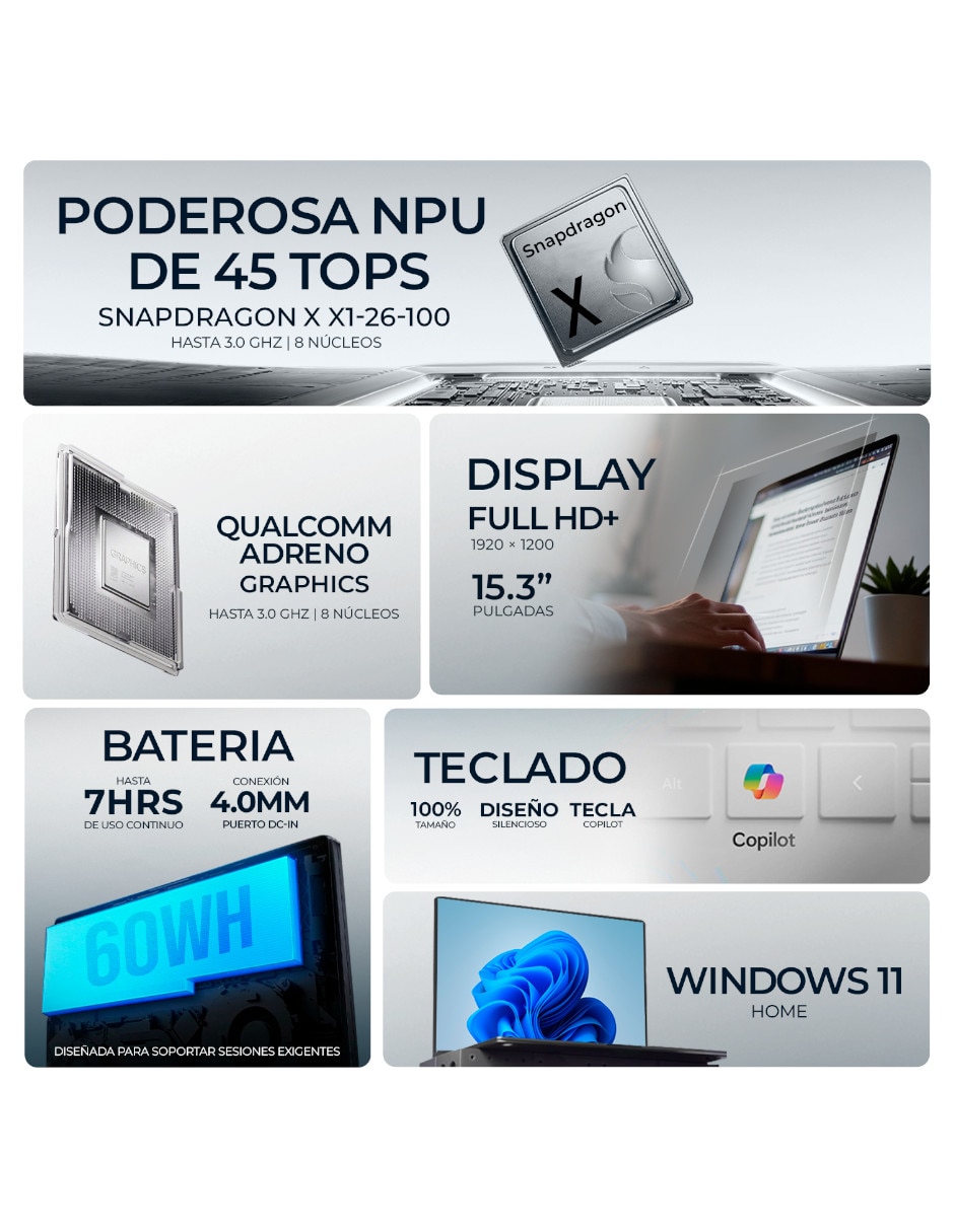Laptop Lenovo 83N3006BUS 15.3 pulgadas WUXGA Snapdragon X 16 GB RAM 512 GB SSD