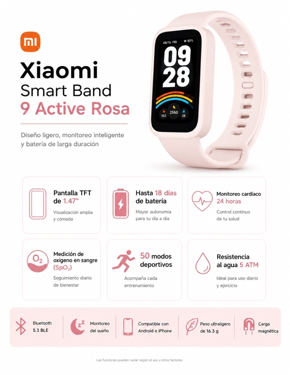 Kit smartwatch Xiaomi Xiaomi smart band 9 active rosa con audífonos G-tide l42 rosa unisex