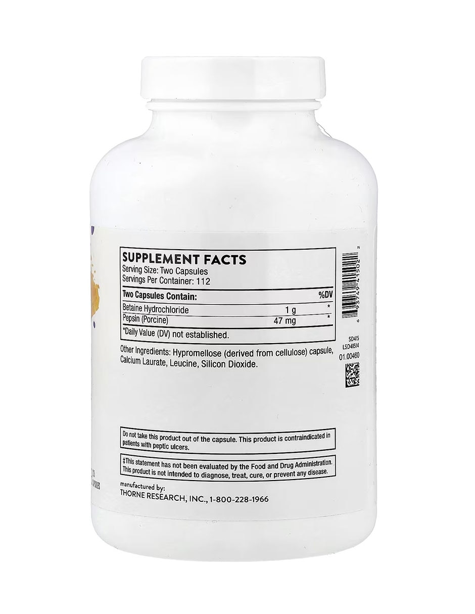Betaína HCL y Pepsina 225 cápsulas Thorne con Clorhidrato