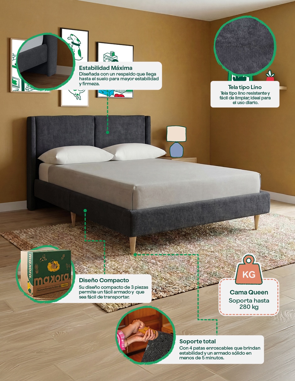 Base para cama armable matrimonial Mavi Velvet Makora de madera pino