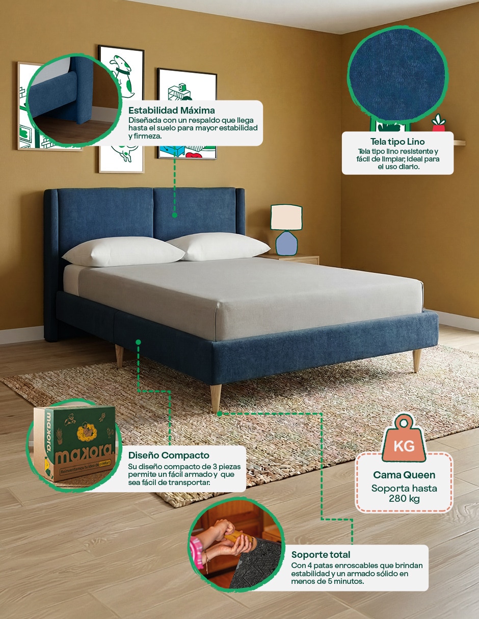 Base para cama armable matrimonial Mavi Velvet de madera pino 2