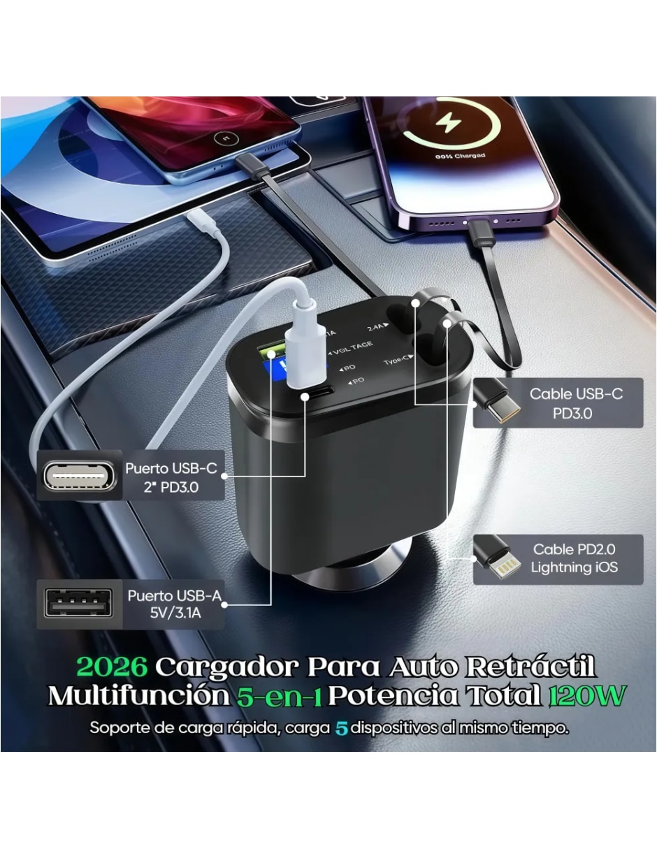 Cargador auto USB tipo a + USB tipo C 70 W 2