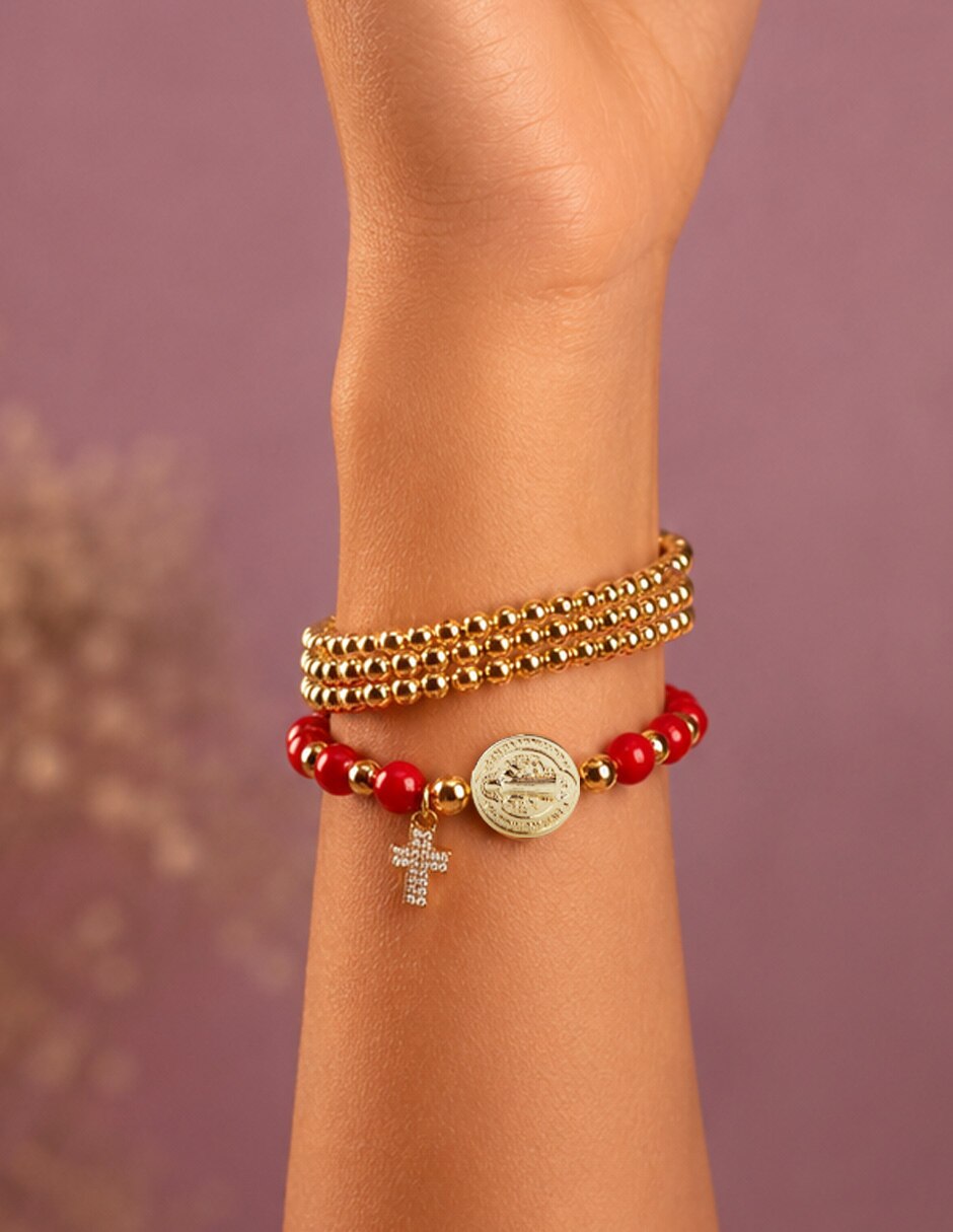 Set de brazalete Yoiko con zirconia san benito carmesí acabado baño de oro 18 k