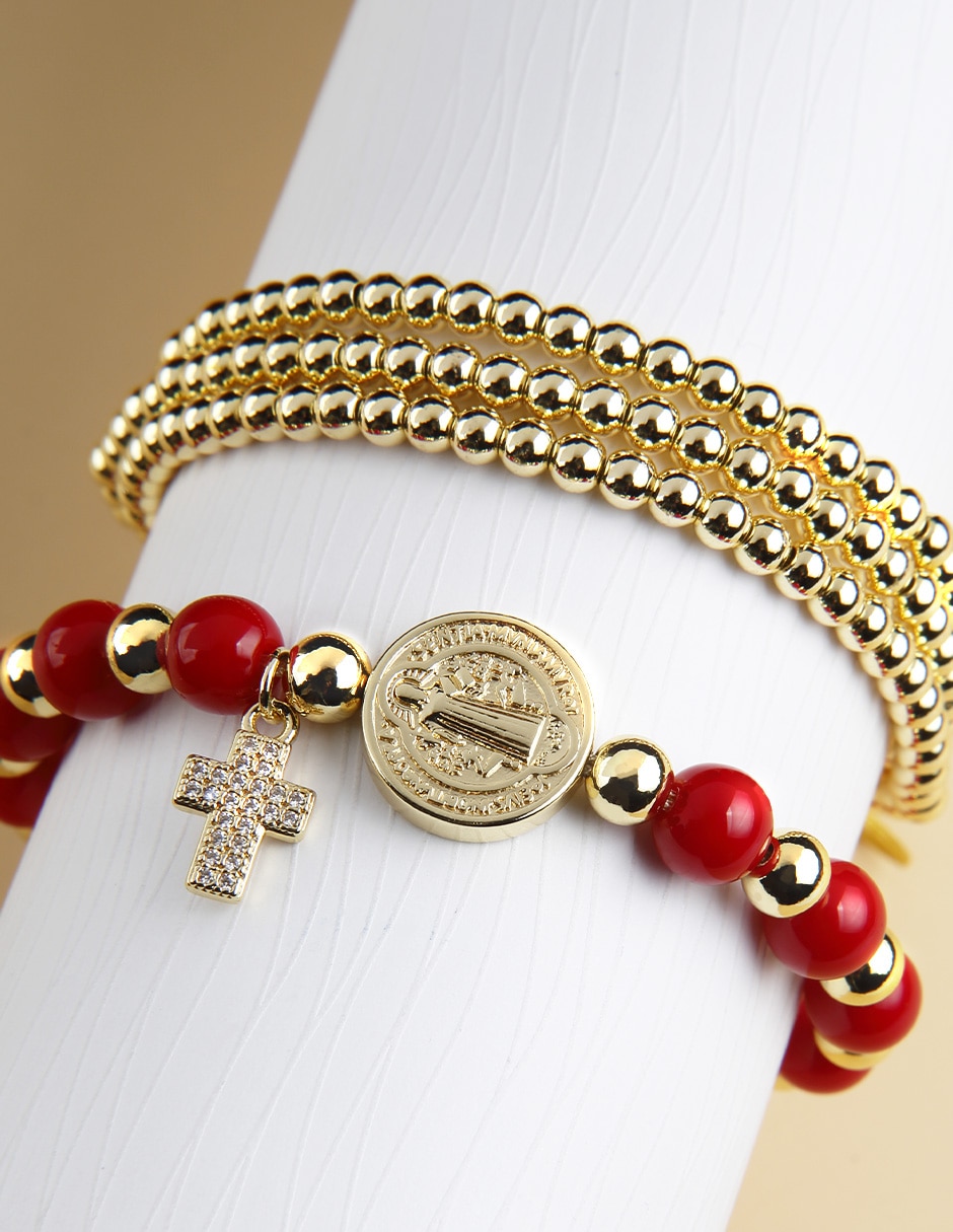 Set de brazalete Yoiko con zirconia san benito carmesí acabado baño de oro 18 k