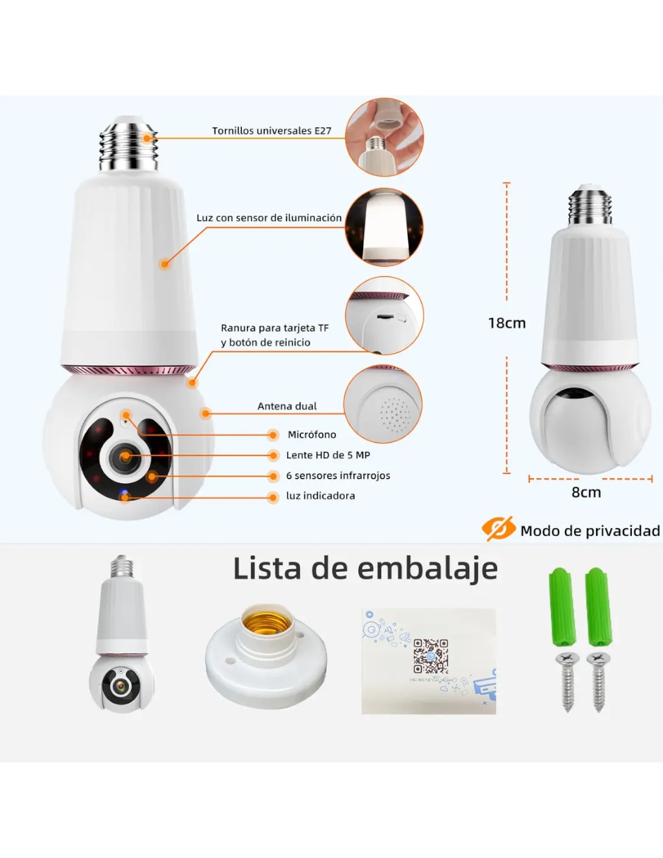 Cámara Wi-Fi de seguridad Genérica modelo bombilla inalámbrica Full HD 360° con capacidad para grabar visión nocturna para interior