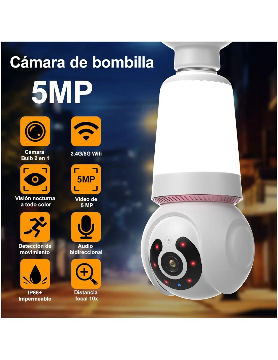 Cámara Wi-Fi de seguridad Genérica modelo bombilla inalámbrica Full HD 360° con capacidad para grabar visión nocturna para interior