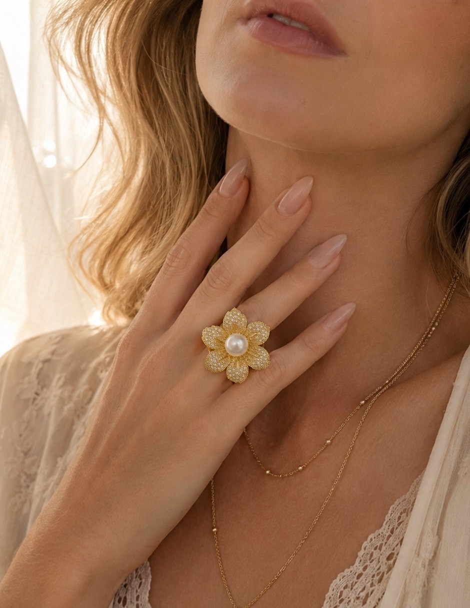 Anillo de flor Yoiko zirconia baño de oro 18k