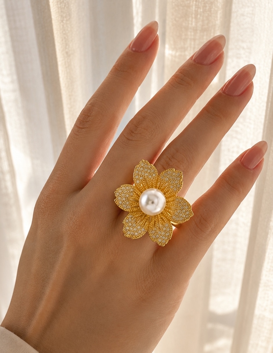 Anillo de flor Yoiko zirconia baño de oro 18k