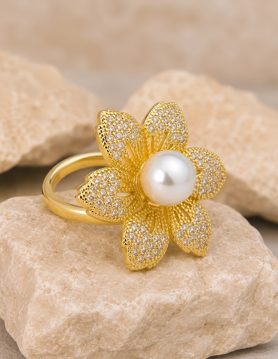 Anillo de flor Yoiko zirconia baño de oro 18k