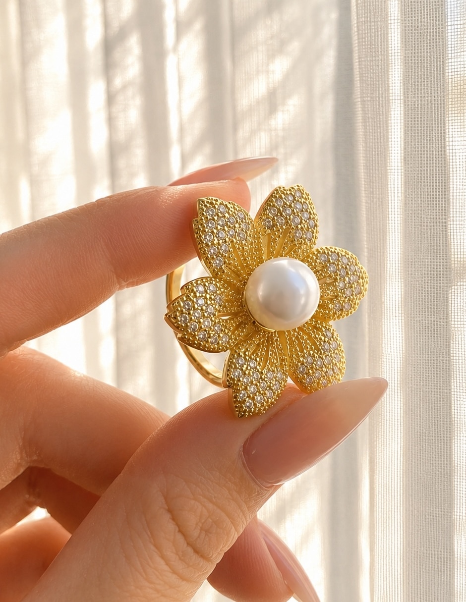Anillo de flor Yoiko zirconia baño de oro 18k