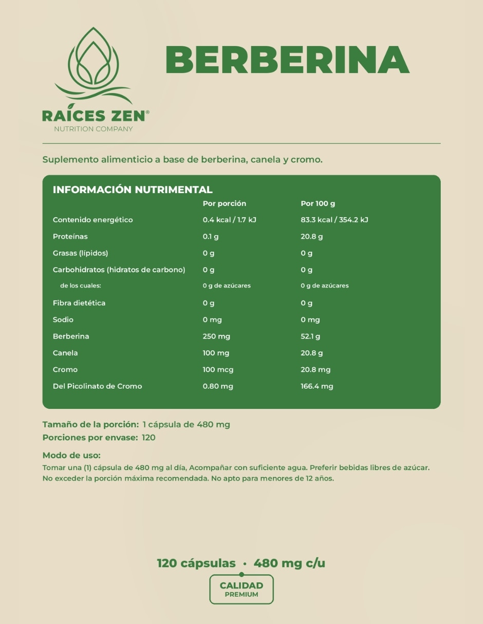 Berberina + canela + cromo raíces zen Raíces Zen de 120 cápsulas