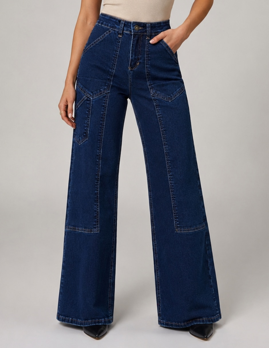 Jeans Wide Leg cintura alta bolsas parche para mujer