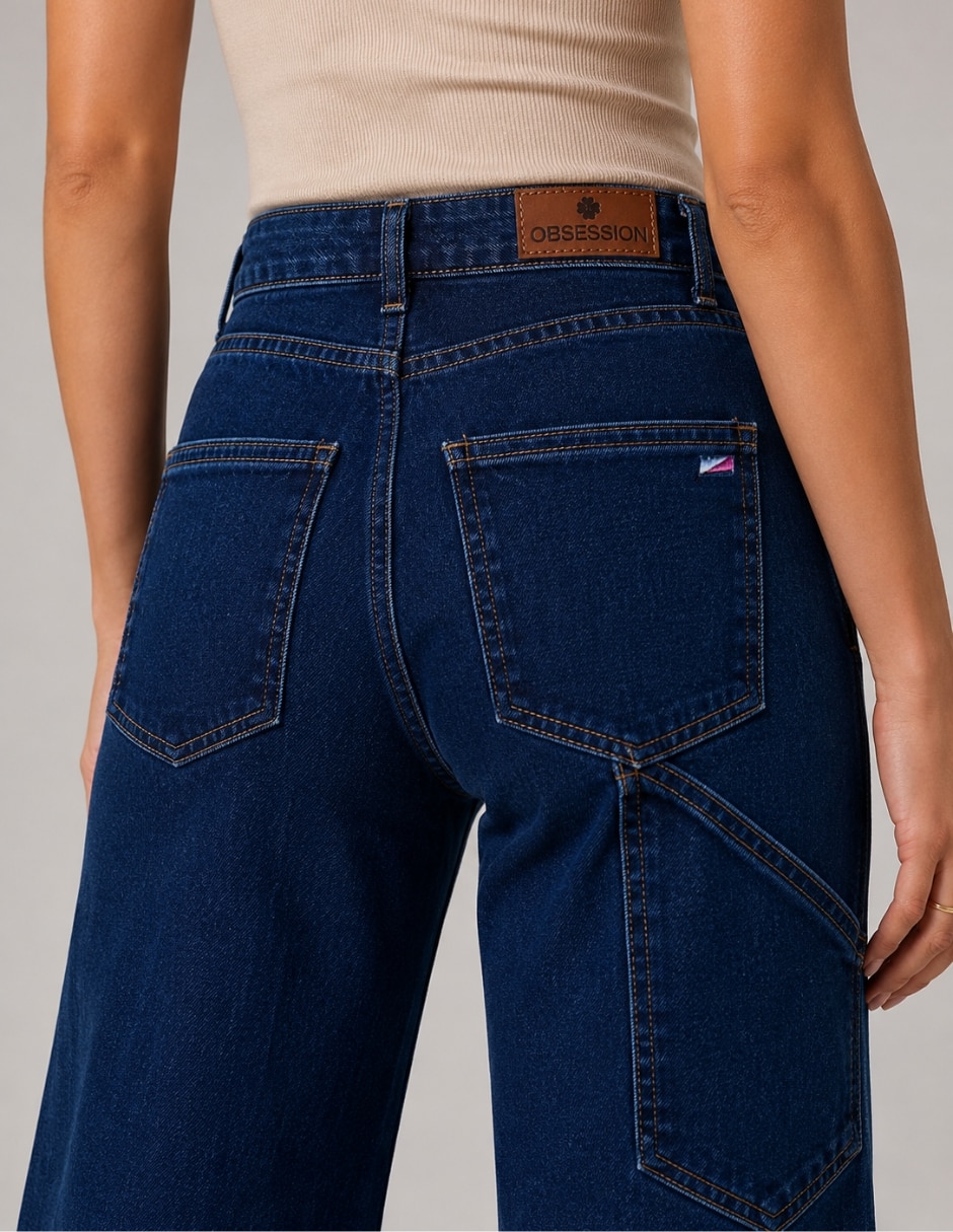 Jeans Wide Leg cintura alta bolsas parche para mujer 3