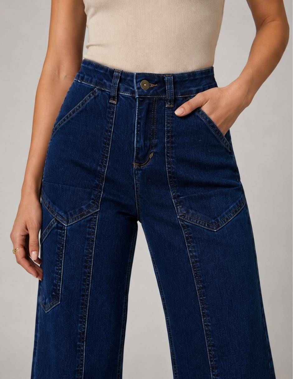 Jeans Wide Leg cintura alta bolsas parche para mujer 4