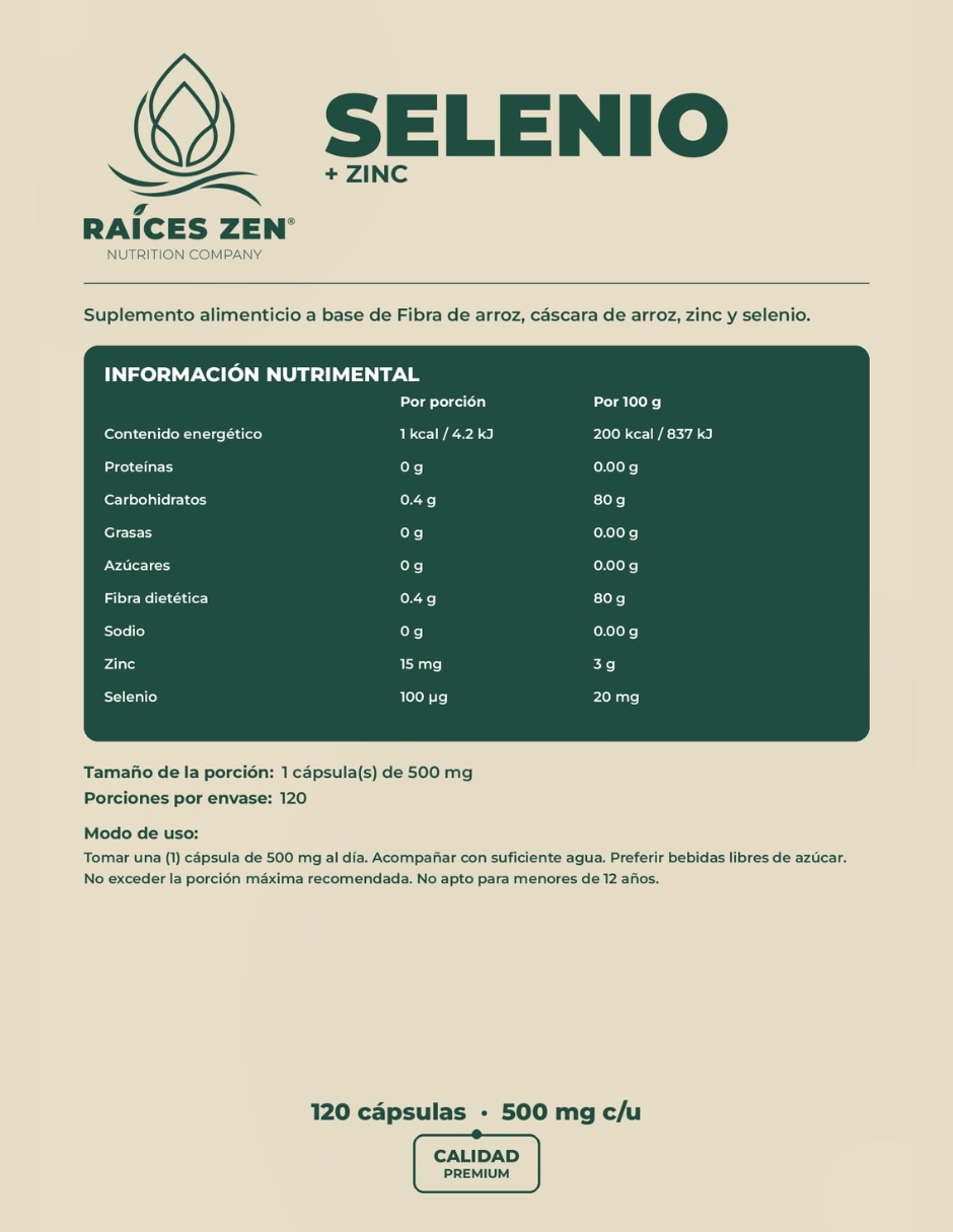 Suplementos alimenticios Selenio + zinc Raíces Zen raíces zen con selenio