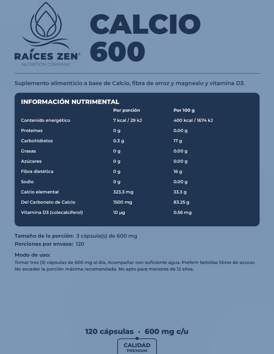 Calcio 600 + Vitamina D3 400 UI Raíces Zen con calcio de 120 cápsulas