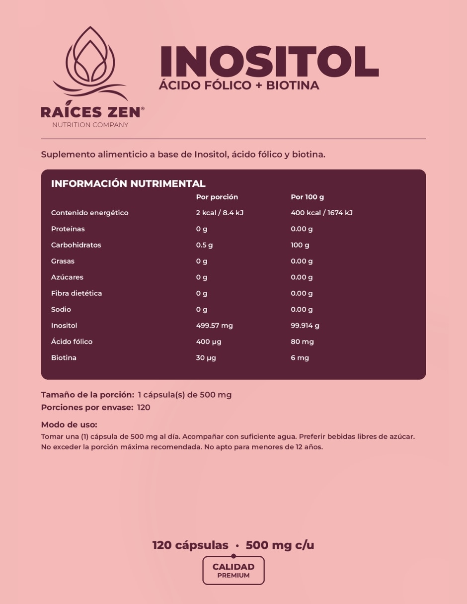 Inositol y ácido fólico + Biotina Raíces Zen 120 cápsulas