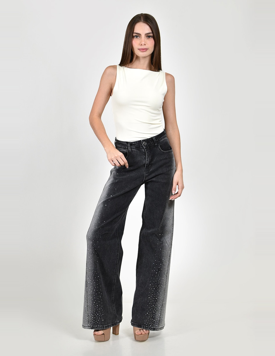 Jeans regular wide leg cintura alta roman fashion para mujer