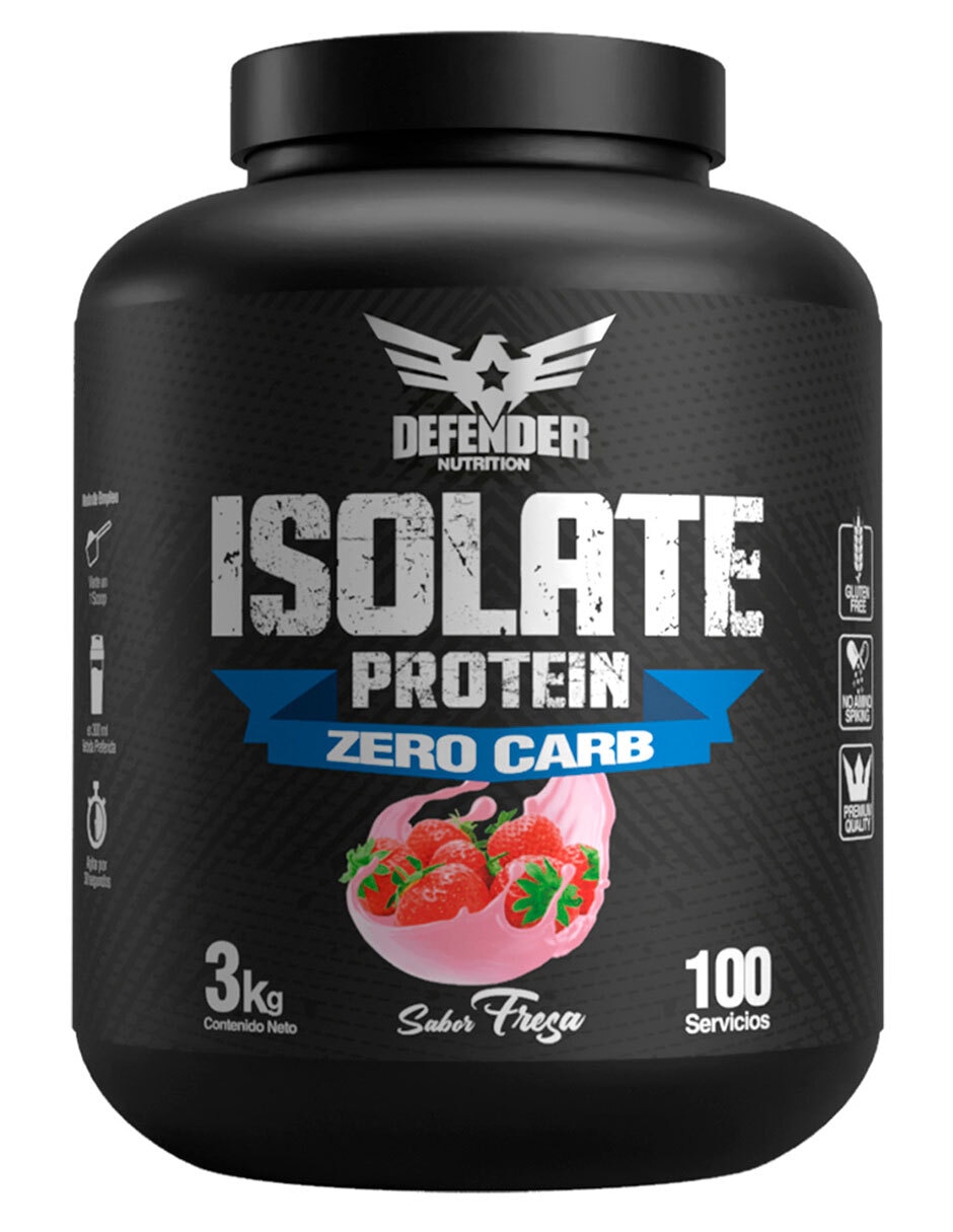 Isolate protein zero carbs Defender Nutrition con proteína BCAAS sabor fresa