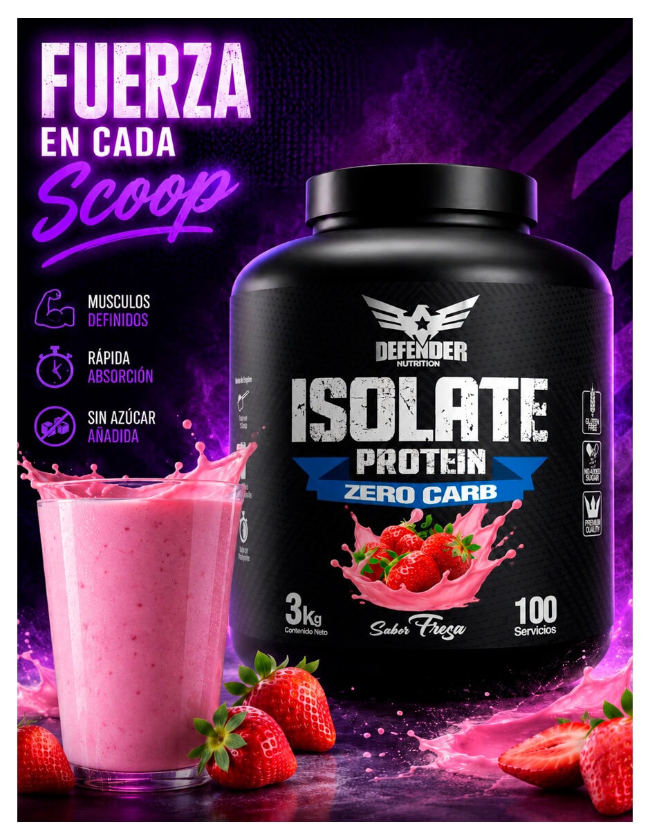 Isolate protein zero carbs Defender Nutrition con proteína BCAAS sabor fresa