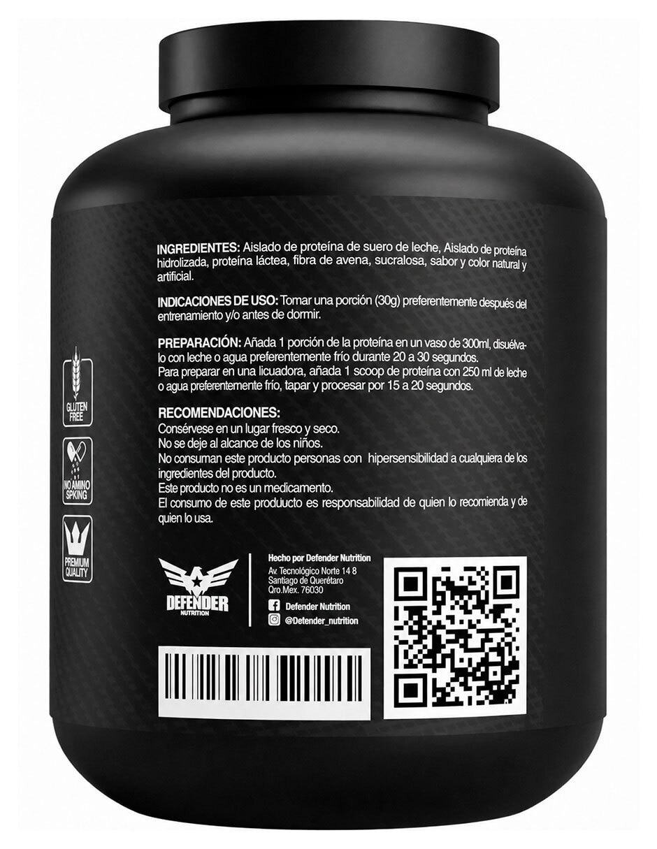 Isolate protein zero carbs Defender Nutrition con proteína BCAAS sabor fresa