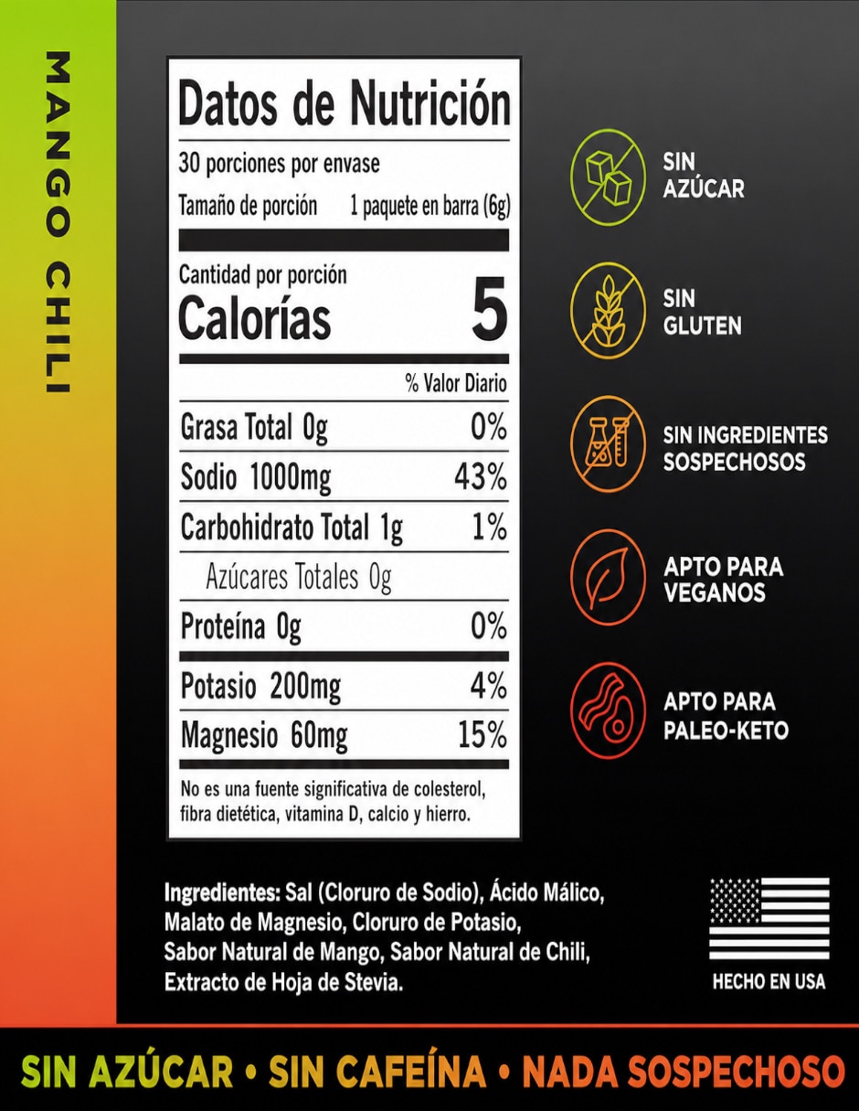 Electrolitos LMNT sin azúcar sabor mango con chile con Vitamina D Calcio Zinc Potasio Vitamina C Fosforo Magnesio Cloruro