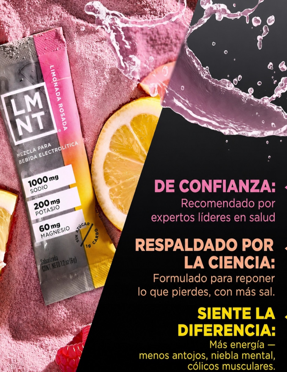 Electrolitos LMNT sin azúcar sabor limonada rosa con Vitamina D Calcio Zinc Potasio Vitamina C Fosforo Magnesio Cloruro