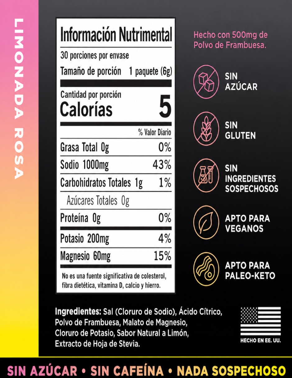 Electrolitos LMNT sin azúcar sabor limonada rosa con Vitamina D Calcio Zinc Potasio Vitamina C Fosforo Magnesio Cloruro
