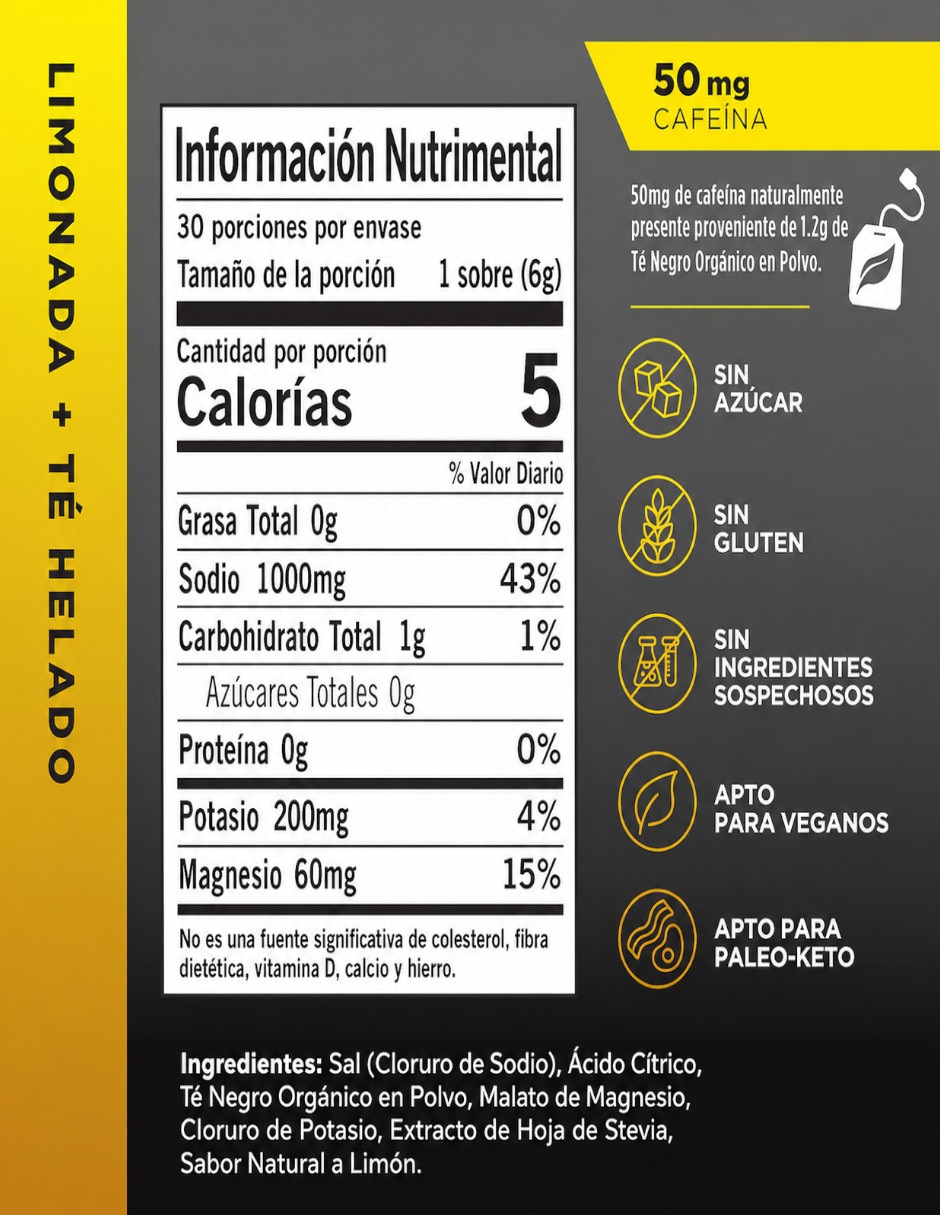 Electrolitos LMNT sin azúcar sabor Te helado de limón con Vitamina D Calcio Zinc Potasio Vitamina C Fosforo Magnesio Cloruro