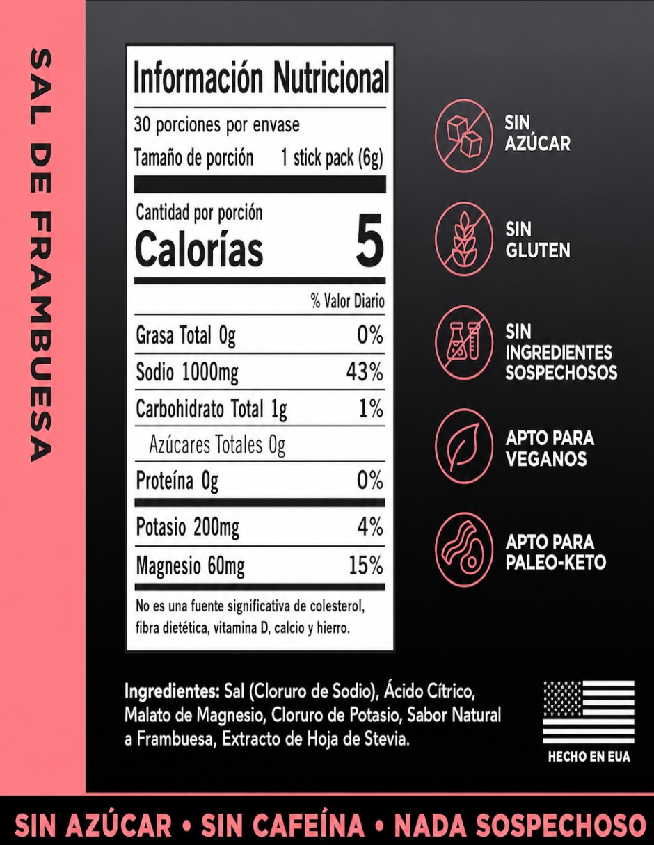 Electrolitos LMNT sin azúcar sabor frambuesa con Vitamina D Calcio Zinc Potasio Vitamina C Fosforo Magnesio Cloruro