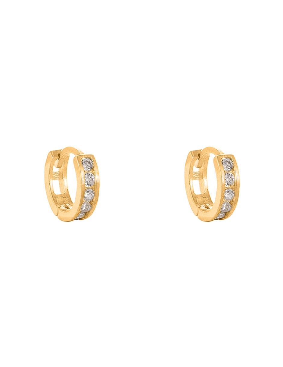 Aretes huggies redondos de oro amarillo 10 K con acabado pulido zirconia