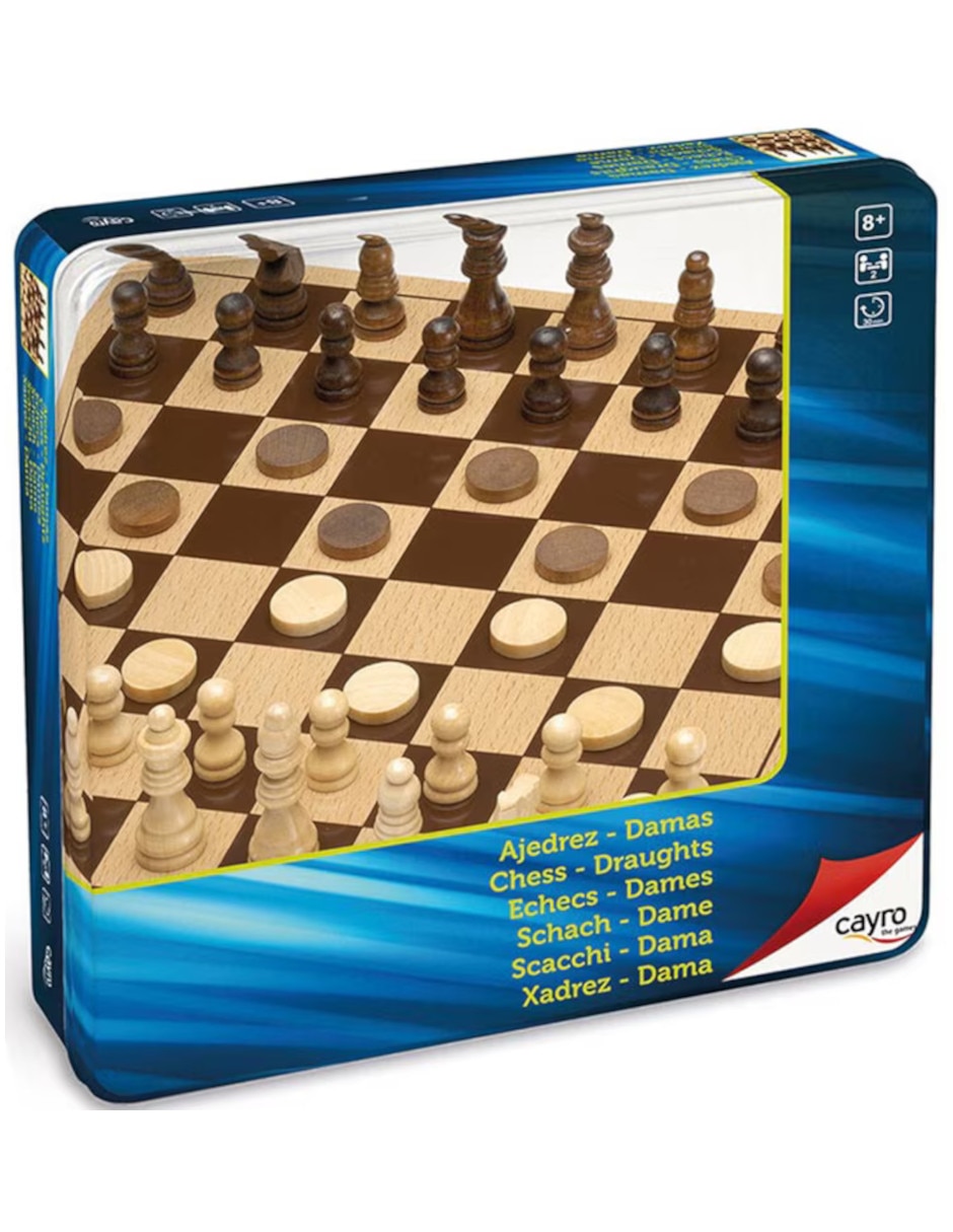 Juego de mesa ajedrez  damas de madera en caja de metal cayro