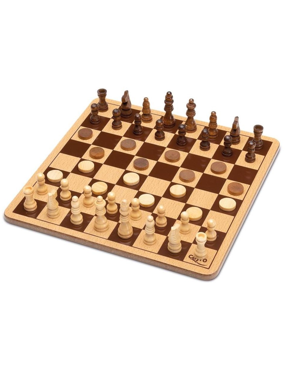 Juego de mesa ajedrez  damas de madera en caja de metal cayro
