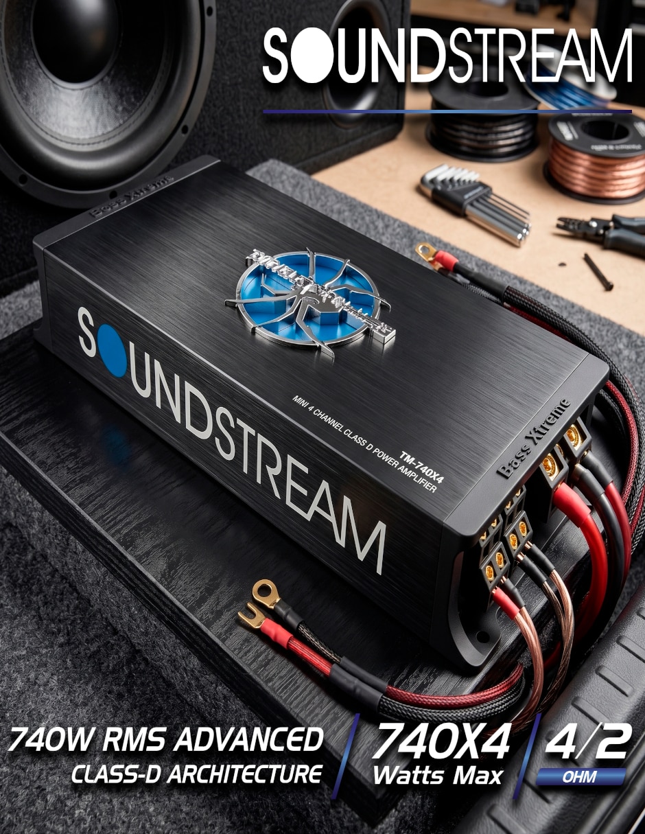 Amplificador para auto Steelpro TM-740X4 de 9-16 VDC