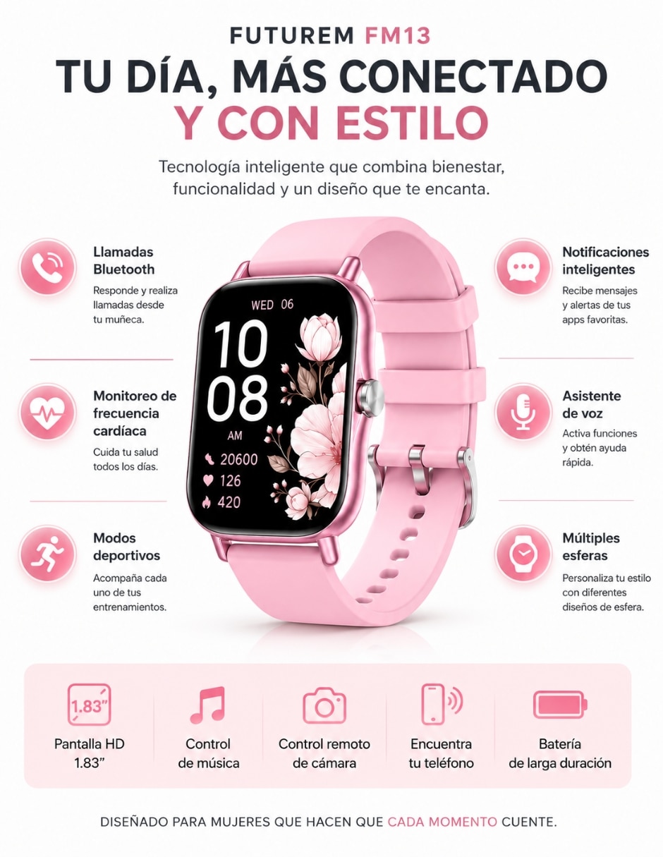 Audífonos True Wireless Xiaomi Redmi buds 6 Play rosa con Smartwatch Futurem FM13 rosa inalámbrica con cancelación de ruido
