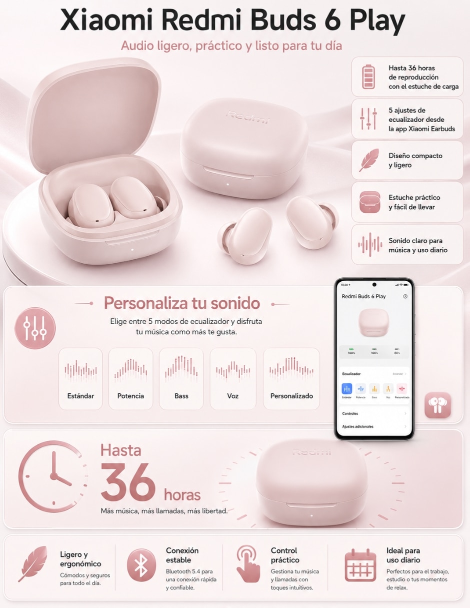 Audífonos True Wireless Xiaomi Redmi buds 6 Play rosa con Smartwatch Futurem FM13 rosa inalámbrica con cancelación de ruido