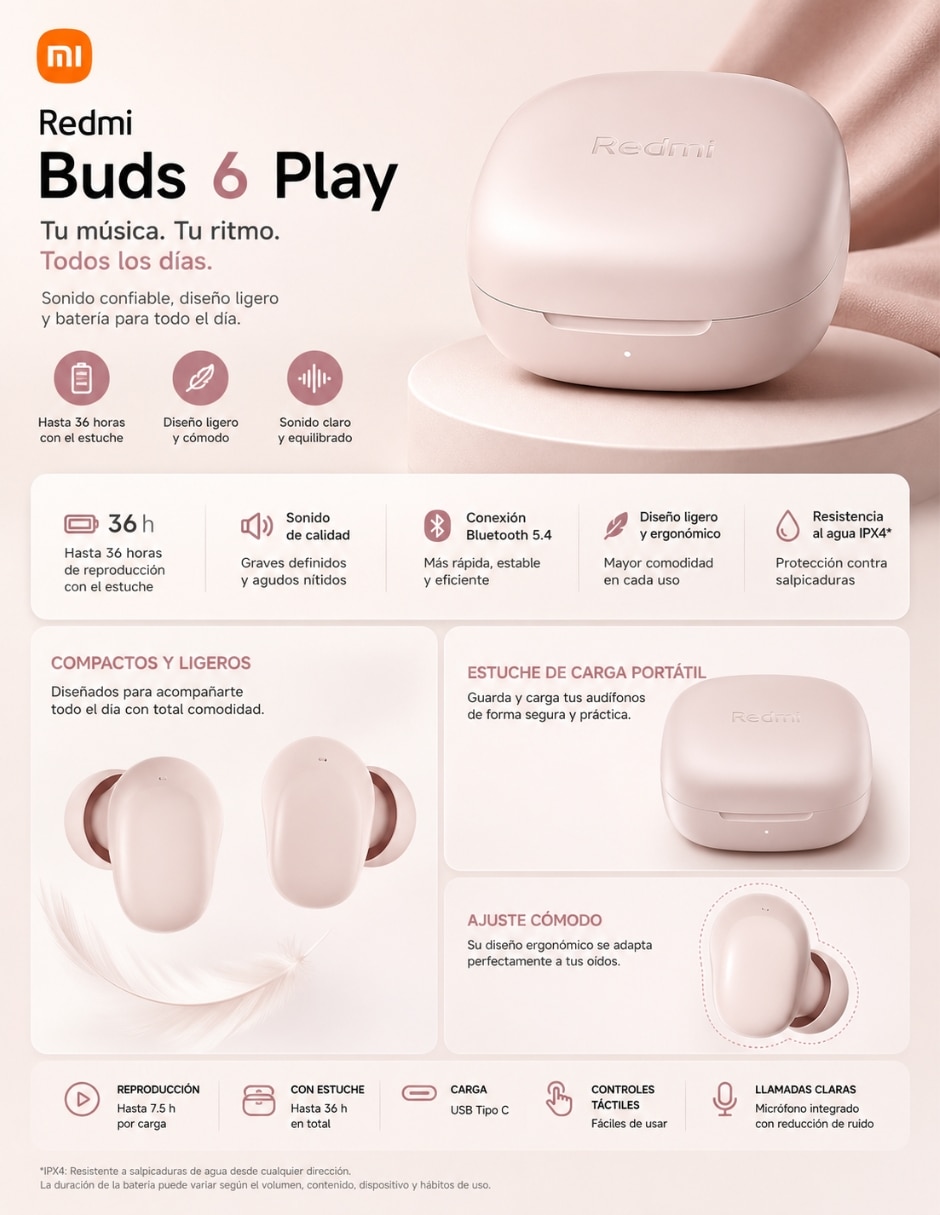 Audífonos True Wireless Xiaomi Redmi buds 6 Play rosa con Smartwatch Futurem FM13 rosa inalámbrica con cancelación de ruido