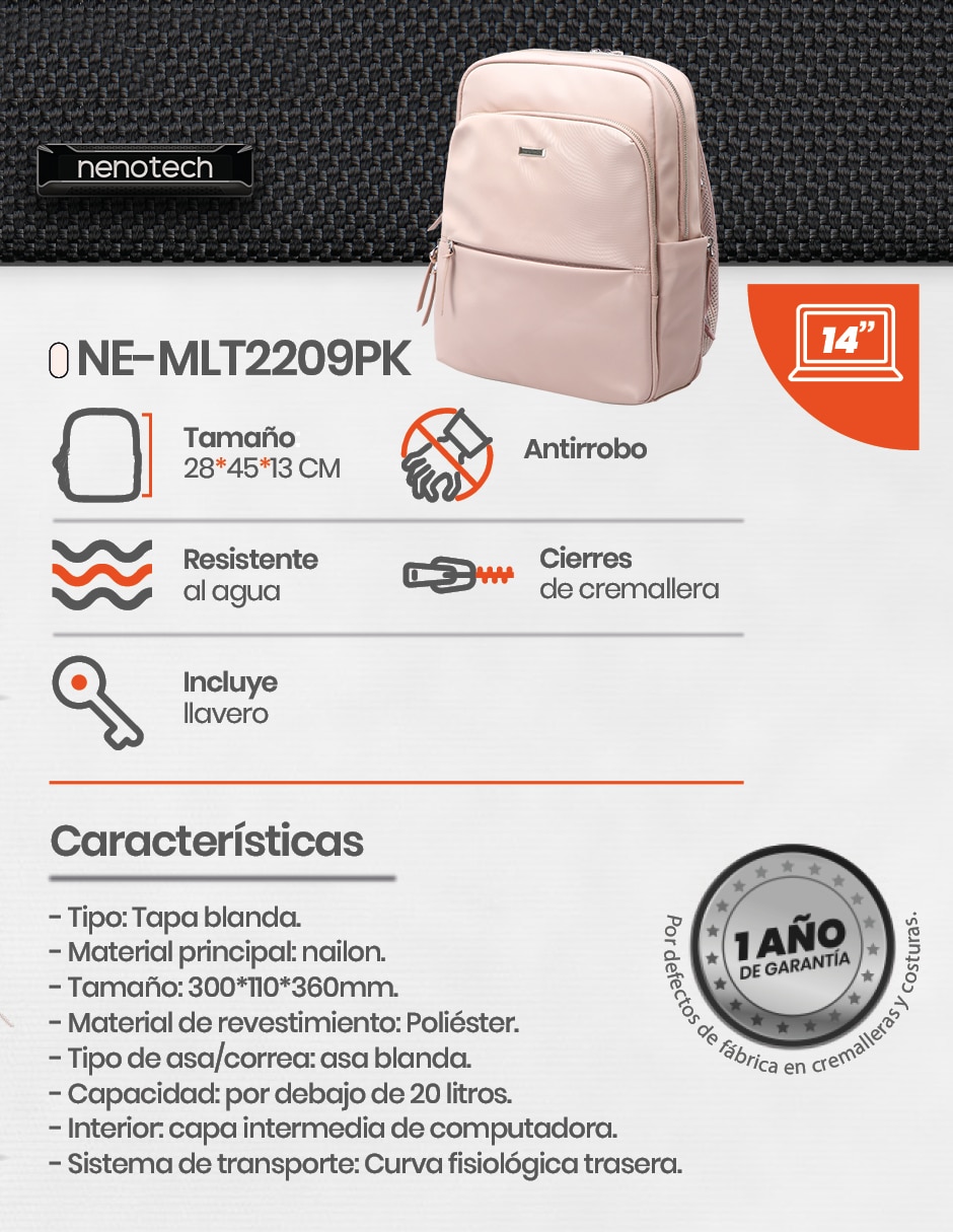 Mochila con portalaptop Nenotech A71218 impermeable unisex