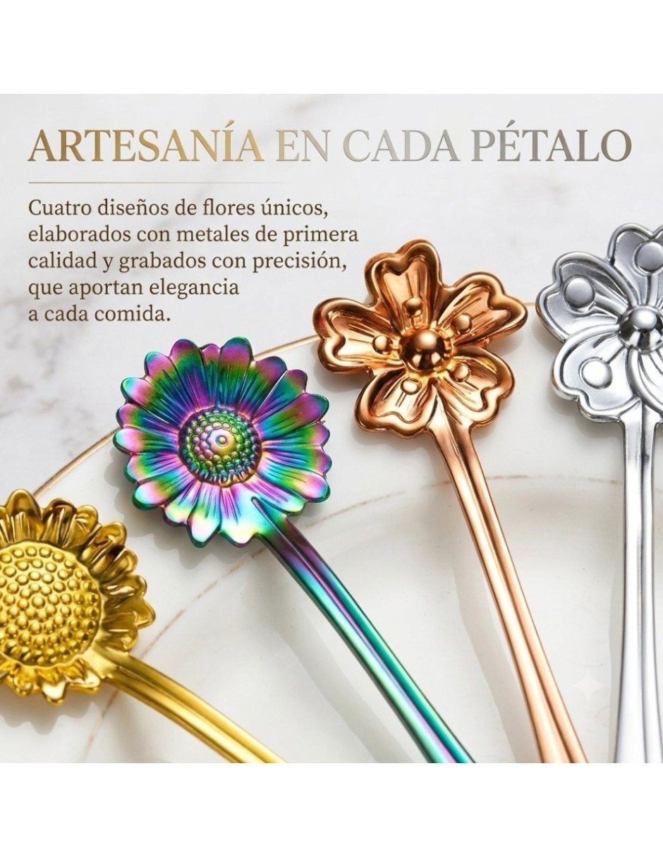 Set cuchara postre CM-TOP diseño floral para cafe té y postres floral acero inoxidable 4 piezas